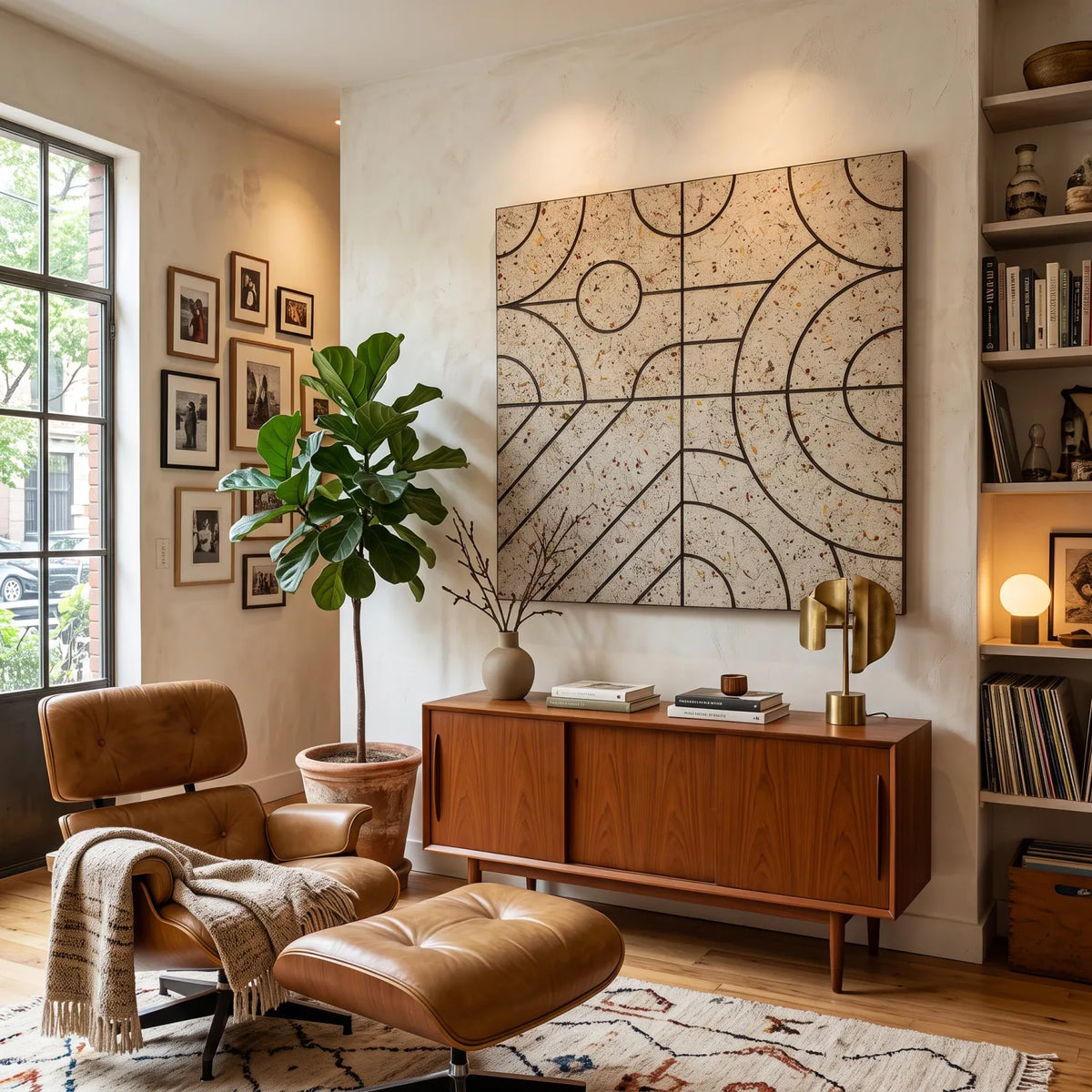 Akustik-Tiles als grossformatiges Wandbild ueber einem Sideboard
