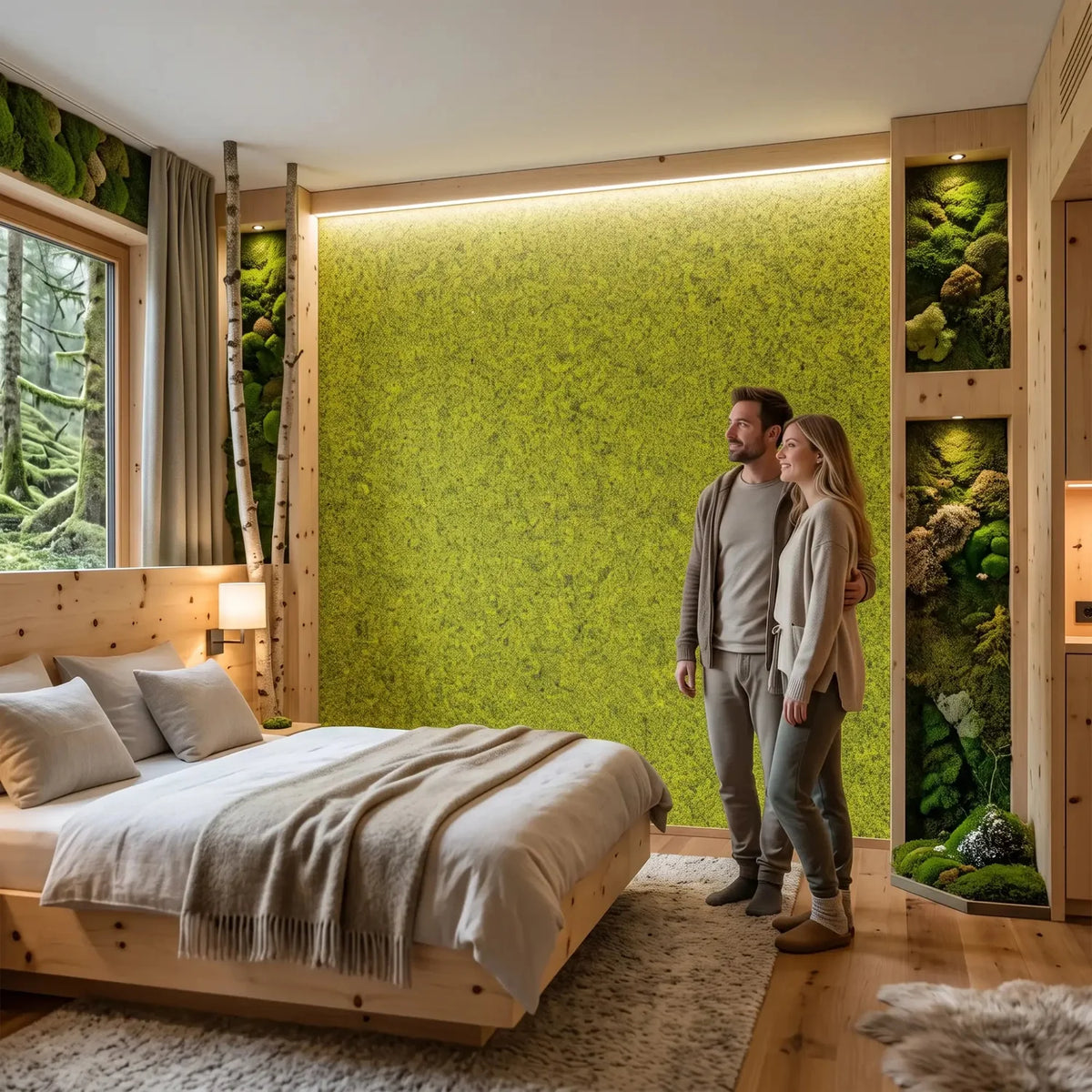 Mooswand im Schlafzimmer: ORGANOID MOOS MIX Tapete, KI Visualisierung