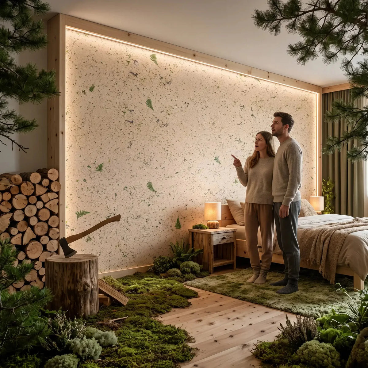 Zirbe im Schlafzimmer: ORGANOID ZIRBENWALD Tapete an der Wand, KI Visualisierung