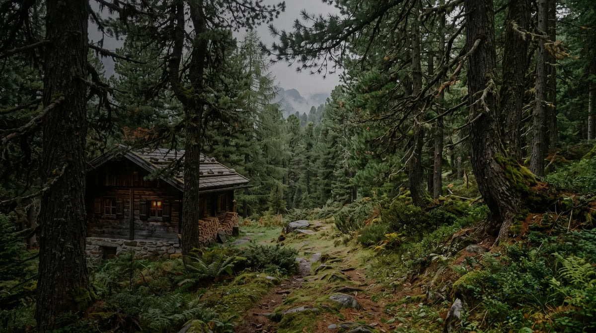 Zirbenwald in Tirol mit Moos, Farn und Holzhütte, KI Visualisierung
